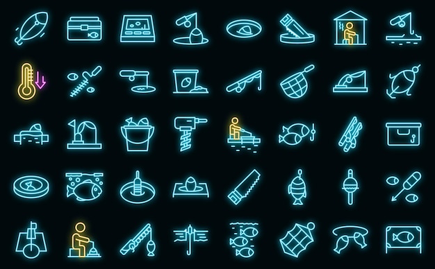 Ice fishing icons set outline vector. Winter frozen. Polar lake