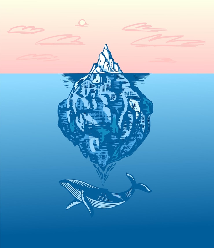 Vektör iceberg and whale in the ocean a large piece of glacier floating in northern water engraved hand drawn vintage sketch for emblem web logo tshirt isolated illustration for poster banner or cards
