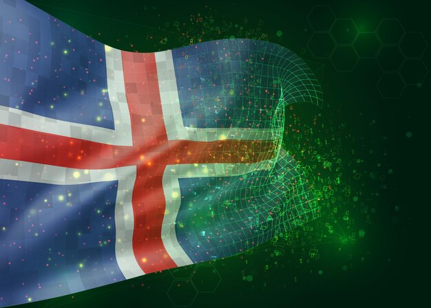 iceland, vector 3d flag on green background with polygons and data numbers