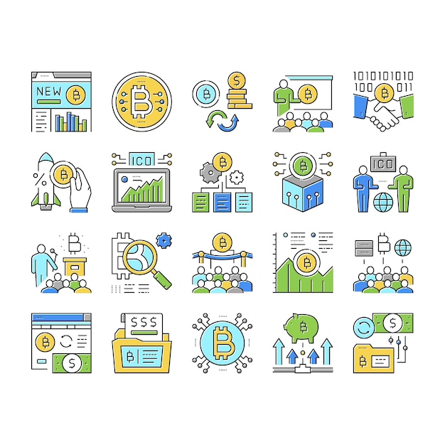 Ico initial coin offer collection icons set vector