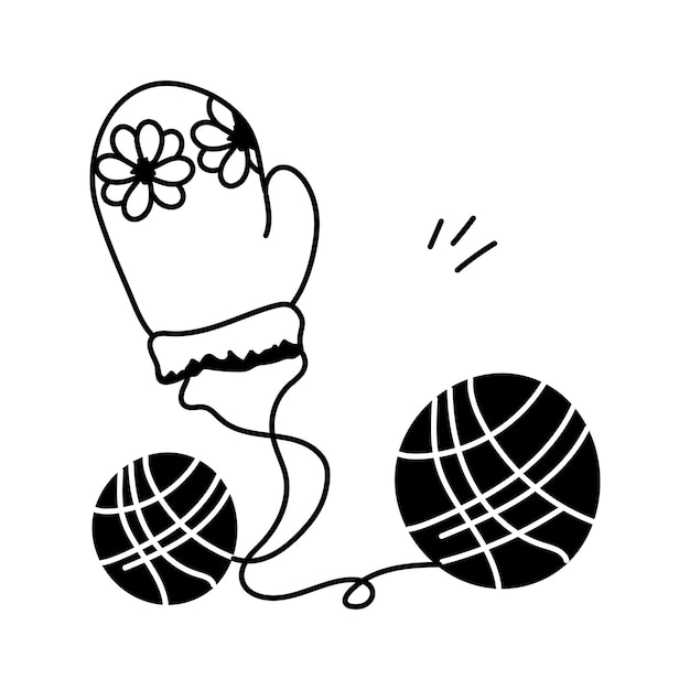 icon of a decorated knitting glove connected by strings to two balls of yarn