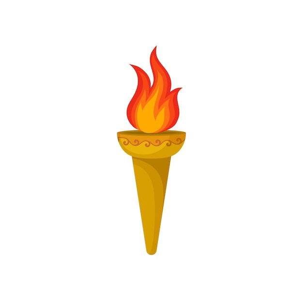Icon of burning torch Hot redorange flame Bright blazing fire Cartoon style illustration of golden flambeau Colorful flat vector design isolated on white background