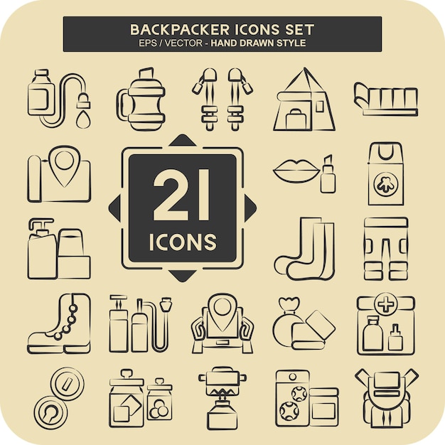Icon Set Backpacker related to Holiday symbol hand drawn style simple illustration