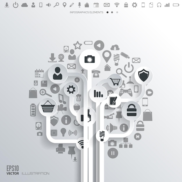 Icon tree flat abstract background with web icons interface symbols cloud computing mobile devices