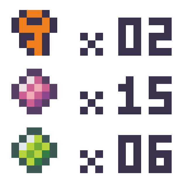 icons and points in pixel style score keys and gemstones number and info board pixelated game