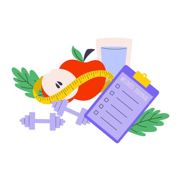 Vektör iilustration of apples centimeter tape and dumbbels healthy lifestyle and weight loss concept
