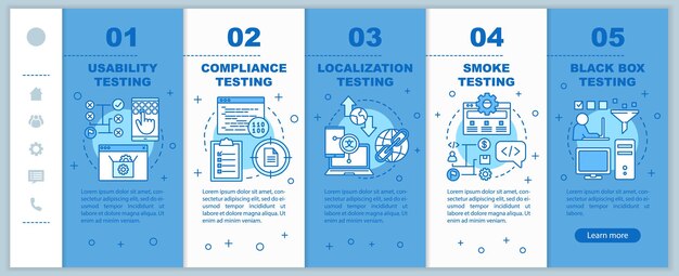 Ikke-funktionel softwaretestning blå onboarding mobile websider vektorskabelon