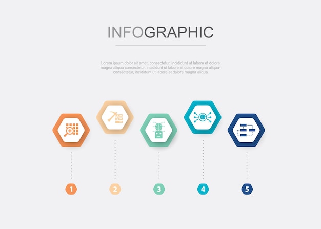 Ikoner för marknadsföringslösning, utvecklingsvision och intäkter. Infografisk designmall. Kreativt koncept med 5 steg
