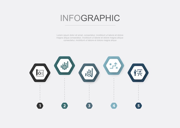 Ikoner för projektverksamhet, forskningsstrategi och marknadsföring. Infografisk designmall. Kreativt koncept med 5 steg