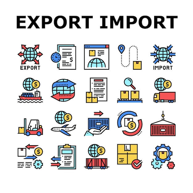 Ikonuppsättning för exportimportlogistik Vektor
