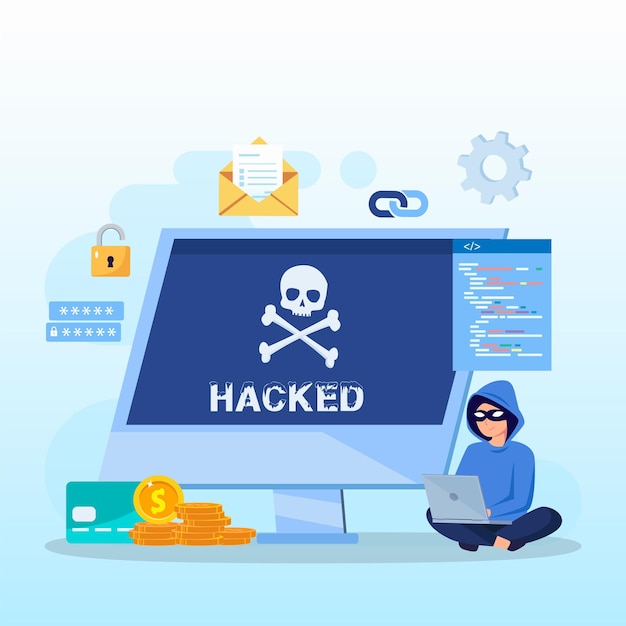 Illustration af bærbar computer og cyberkriminel på udkig efter adgangskode