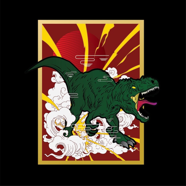 Illustration af dinosaurdesign med baggrund i japansk stil