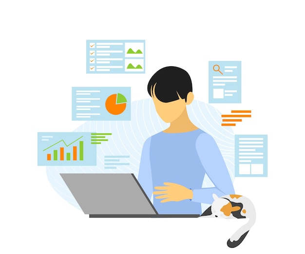 Illustration af en mand, der arbejder på sin laptop i en flad stil, der passer til en landingsside