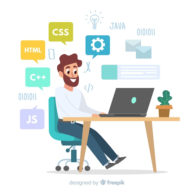 Illustration af programmør, der arbejder ved sit skrivebord
