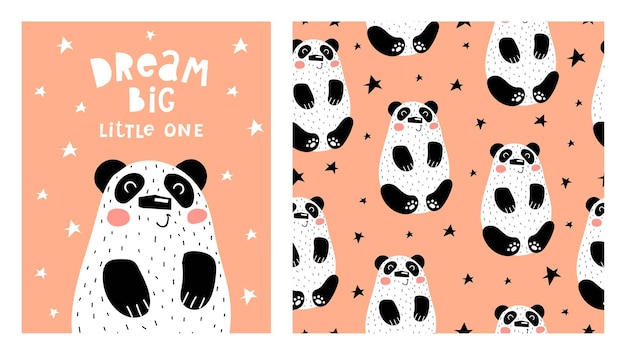illustration and seamless pattern with cartoon pandas.