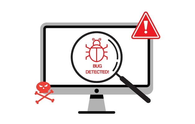 Illustration av upptäckt malware virus och buggar på datorskärm med förstoringsglas på smartphone-skärmen