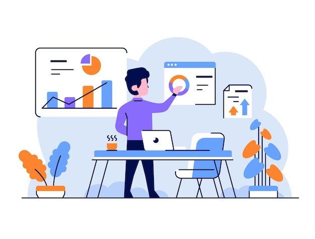 Illustration Business finance man doing analysis graph charts