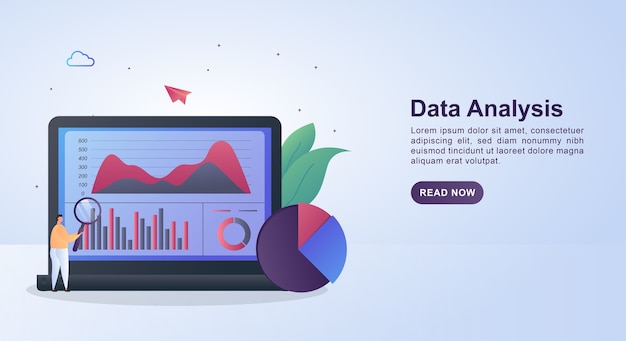 Illustration concept of data analysis with the person holding the magnifying glass.