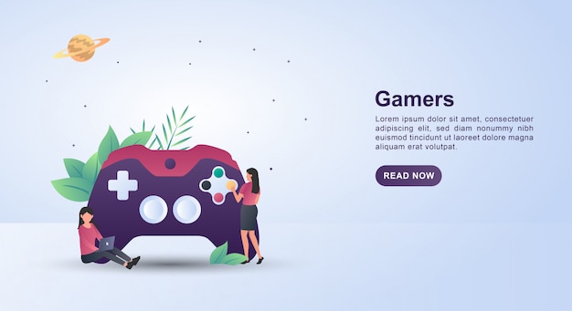 Illustration concept of gamers with the person who presses the joystick button.