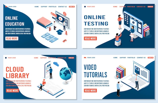 illustration education online tutorial landing page. website layout with isometric and human teacher teaching people use a database storage system for video tutorial of education, testing and library