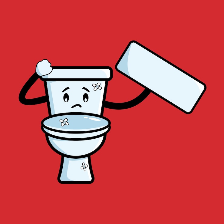 Vektör illustration of a broken toilet with copy space board toilet character with sad expression