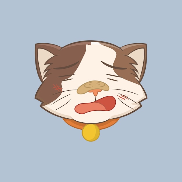 Illustration of a brown white cat with a tired expression and a face full of wounds