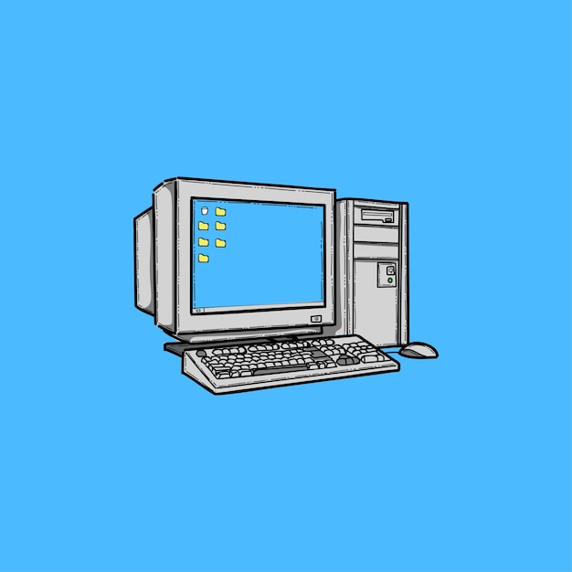 illustration of a classic desktop computer with monitor tower keyboard and mouse on a blue