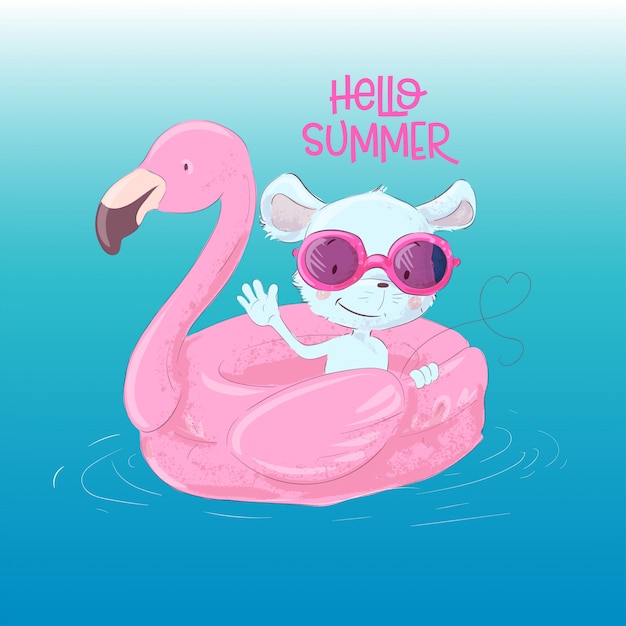 illustration of a cute maus on an inflatable circle in the form of a flamingos. hello summer