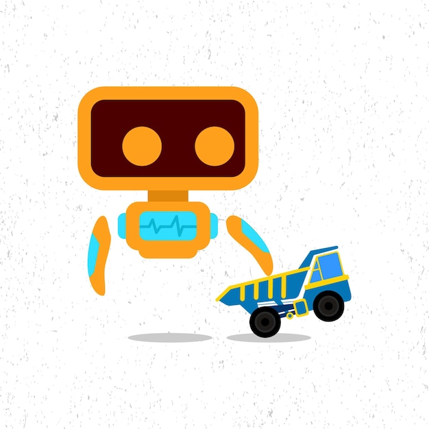 Illustration of a cute orange robot design playing with a blue truck toy