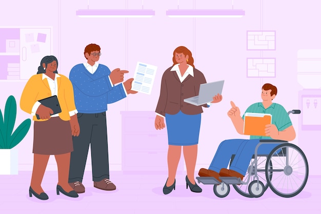 Illustration of a diverse office team discussing a project, including a person in a wheelchair.