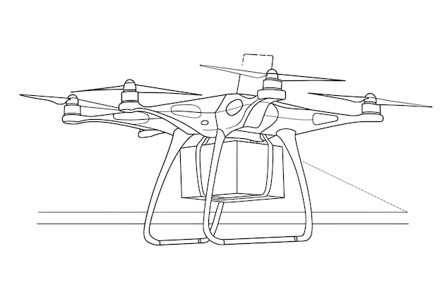 illustration of a drone flying black and white drawing white background