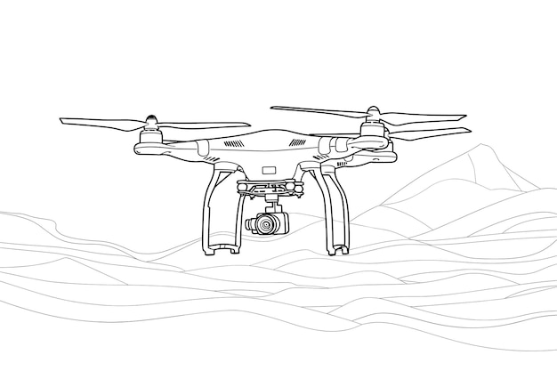 illustration of a drone flying black and white drawing white background