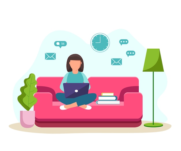 illustration of a girl sitting on the couch with a laptop and studying from home. student