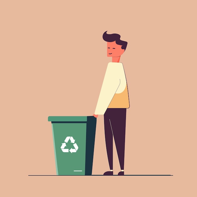 illustration of a man character with a recycle bin, minimalist flat design