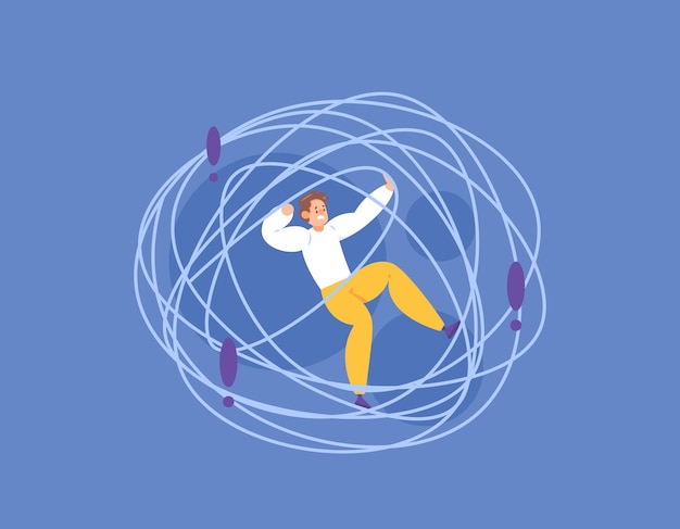 illustration of a person trapped in a spool of thread or the concept of having a complicated problem