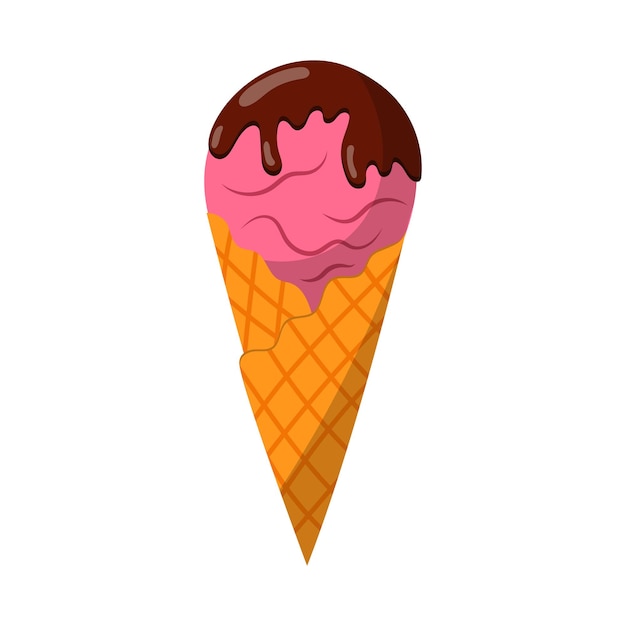 Illustration of a waffle cone of ice cream poured with chocolate