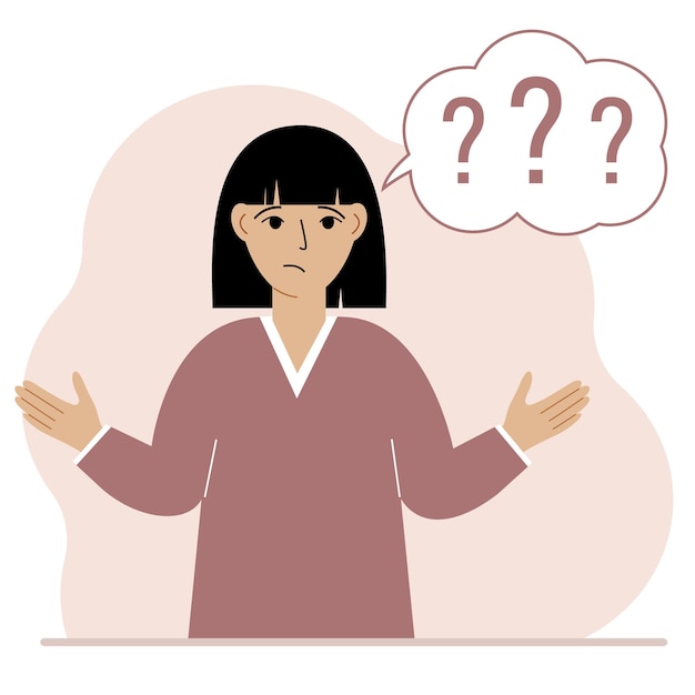 Illustration of a woman who is confused, questioning. Want to find answers. People around the question mark. Woman expressions are in a daze and need help. Vector flat illustration
