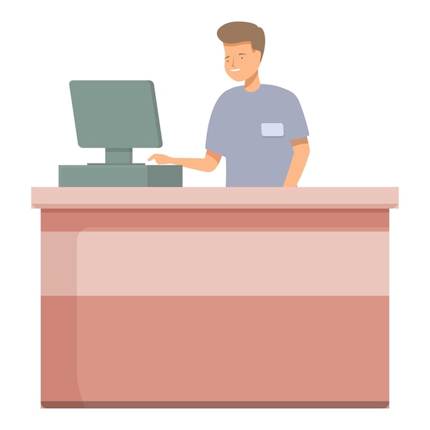 Illustration of a young male cashier operating a computer at a store checkout counter