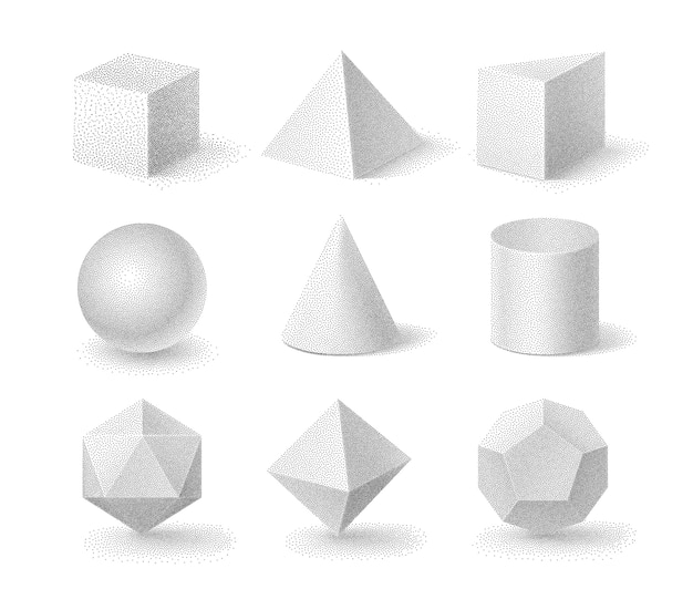 illustration of basic 3d shapes set with halftone grainy texture