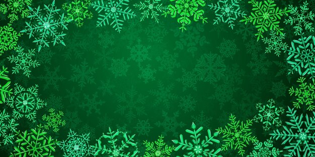 Illustration of big complex translucent Christmas snowflakes in green colors located around on background with falling snow