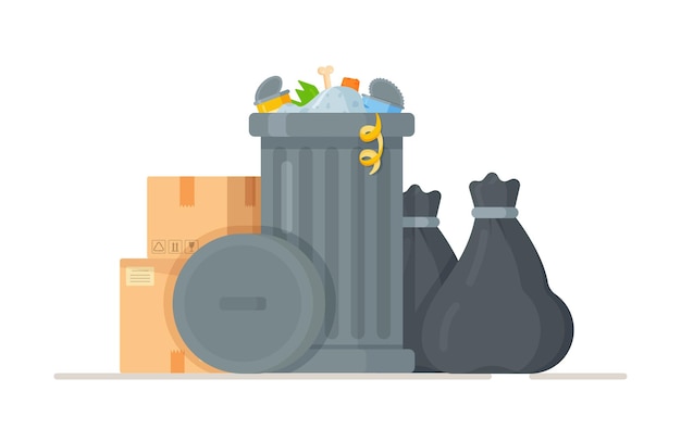 illustration of black trash bags standing near a trash can. The concept of garbage. Bags full of garbage, bags and trash. Pile of garbage bags isolated