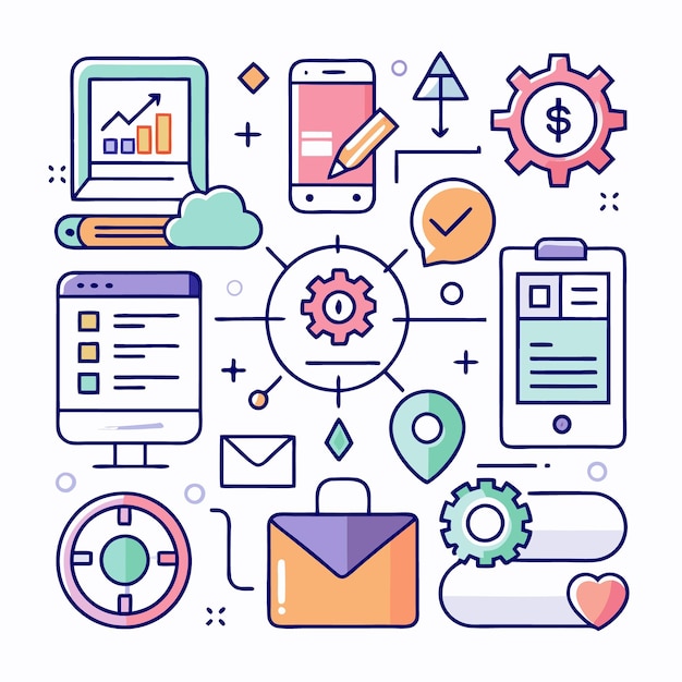 Illustration of business icons related to productivity marketing and technology