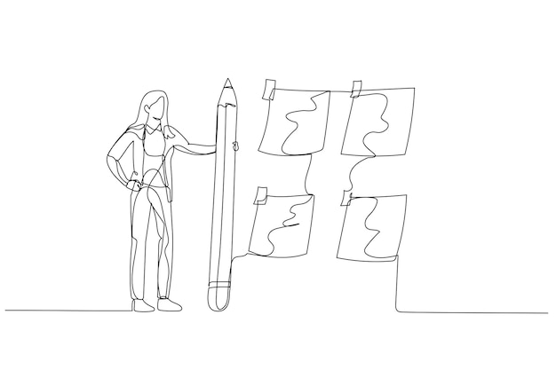 illustration of businesswoman manager using pencil to draw positive sign on employee negative thought concept of attitude single continuous line art style