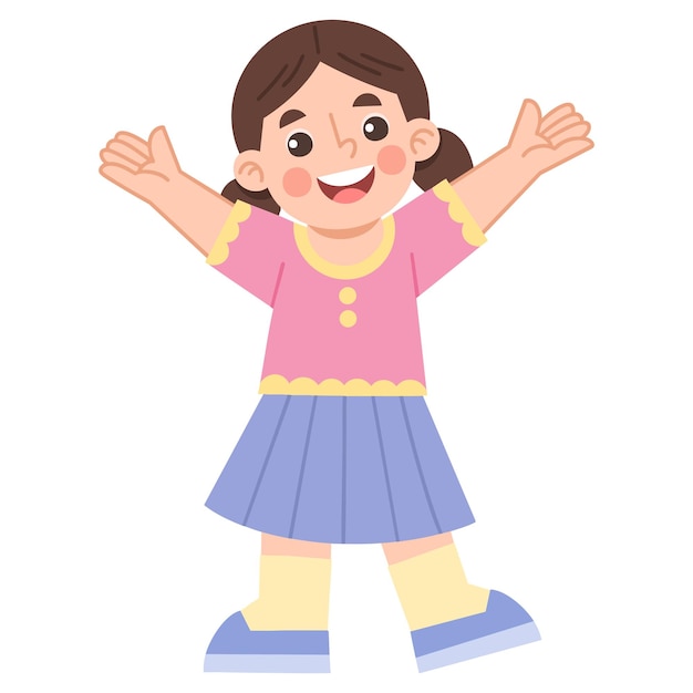 Illustration of Cheerful Cartoon Girl with Arms Raised