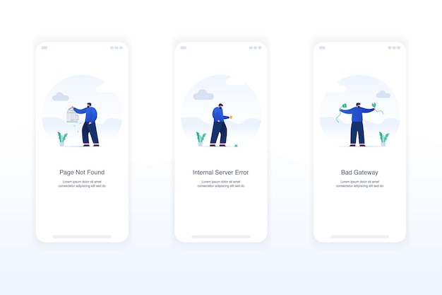 Illustration of error screens handling exceptions empty states page not found error 404 internal server error 500 bad gateway error 502 Modern flat design concept ui ux
