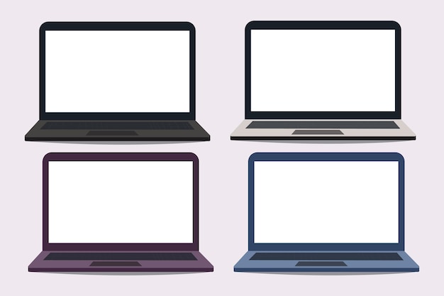 Illustration of four laptops in different colors with blank screens