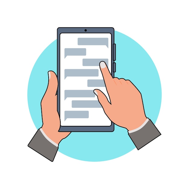 Illustration of Hands Using a Smartphone for Messaging on a Blue Background