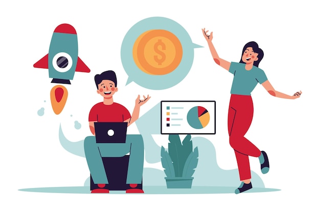 Illustration of Man and woman analyzing business startup