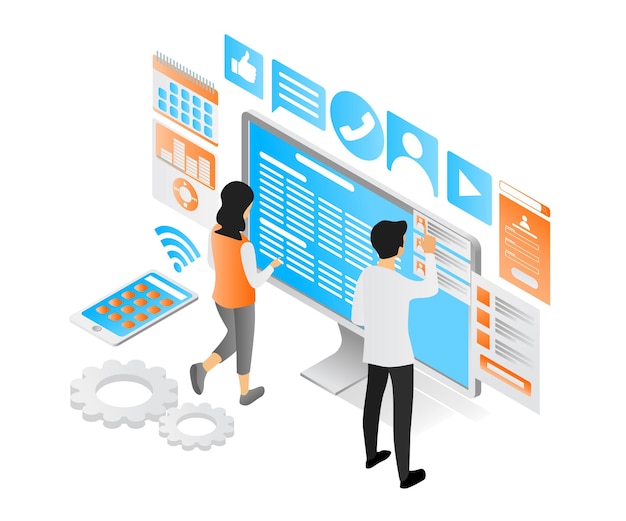 Illustration of modern isometric style about UI design and app computer or mobile