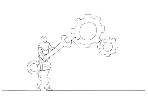 illustration of muslim businesswoman holding wrench to adjust gear cogwheels setting concept of adjustment continuous line art style